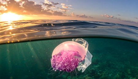 Stunning and poignant split-level underwater photograph. The top half shows a serene, colorful sunset; the bottom half shows a pink jellyfish entangled with plastic waste.の素材
