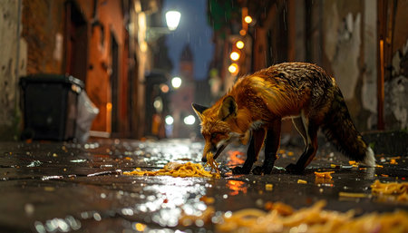 Street-level capture of a sly red fox scavenging for food on a glossy, wet city street at night, with a dramatic glow from streetlamps.の素材