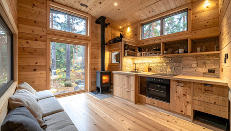 Cozy, tiny home living space with light wooden walls, a grey sectional sofa, and a black metal wood-burning stove on a stone feature wall.の素材