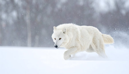 Intense, close-up capture of a solitary Arctic wolf running through a blizzard, focusing on its determined expression and thick white fur.の素材