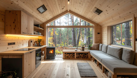 The interior of a small, sustainable off-grid cabin in the woods, with a focus on multi-functional, modern, light-wood Scandinavian design.の素材
