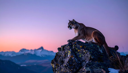 Wildlife portrait of a mountain lion perched high on a rock, observing its territory under the dramatic, pastel-colored twilight skyの素材