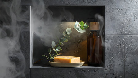Minimalist still life of a natural soap bar and amber dispenser bottle, with a eucalyptus branch, set in a sleek grey bathroom niche with steamの素材