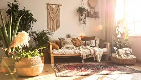 Vibrant and natural living space designed in a warm bohemian style, highlighting various houseplants, an oriental rug, and a macrame tapestry.の素材
