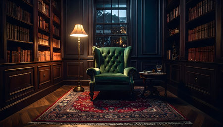 Intimate, moody reading nook in the corner of a grand library, photographed at dusk with dark wood paneling and bookshelves.の素材