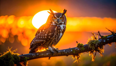Great Horned Owl perched on a mossy branch, silhouetted against a huge, glowing orange sun and a warm sunset backdropの素材