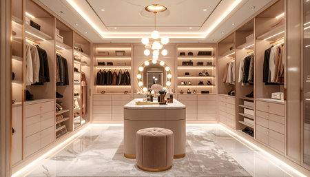 Interior design rendering of a custom, boutique-style closet featuring a center island, lighted shelves, marble flooring, and gold accents.の素材