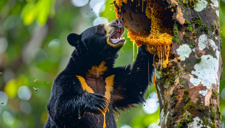 Medium shot of a sun bear, or honey bear, eating dripping golden honey directly from a large natural honeycomb in the forest canopyの素材
