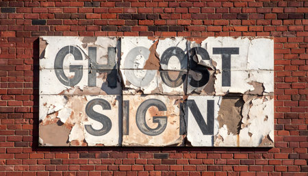 High-contrast medium close-up of a weathered "GHOST SIGN" advertisement painted on a series of white panels mounted on a red brick wallの素材