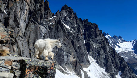 white mountain goat perched on an impossibly narrow, jagged rocky cliff ledge with a dramatic backdrop of snowy peaks and blue skyの素材