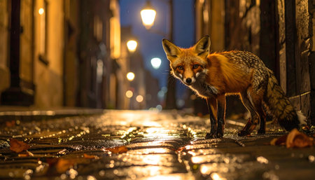 Red fox cautiously pauses in the middle of a narrow, rain-slicked cobblestone street at night, illuminated by warm yellow streetlights.の素材