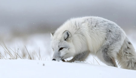A beautiful wild white fox hunting or sniffing close to the ground in a snow-covered, desolate, winter environment.の素材