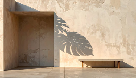 Architectural study of light and shadow, featuring a simple stone bench against a crackled, beige stucco wall.の素材