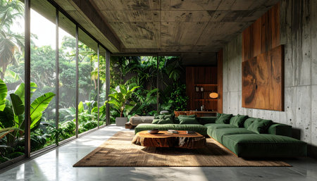 Architectural photograph of a sunken living room in a Tropical Brutalist home with concrete, wood, and lush jungle views.の素材