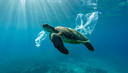 Graceful, ancient green sea turtle swimming near a discarded plastic bag, sun rays dappling through the clear blue ocean water.の素材