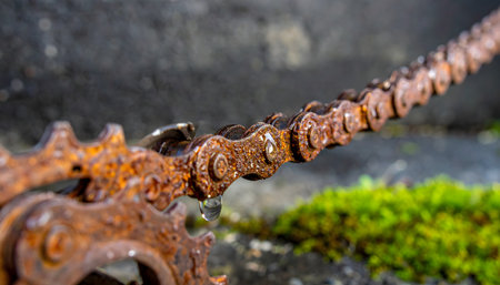 Extreme close-up, macro photograph focusing on a segment of a heavily rusted bicycle chain with a water droplet.の素材