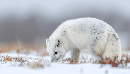 Arctic wildlife close-up, showing the thick fur of a fox against a soft-focus background of snow and pale light.の素材