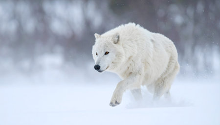 Telephoto action shot of a powerfully built Arctic Wolf in the middle of a heavy blizzard, running through deep white snow.の素材