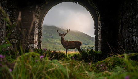 Dramatic wide-angle shot of a stag with large antlers, standing proudly inside an ancient stone archway, sunlit background.の素材
