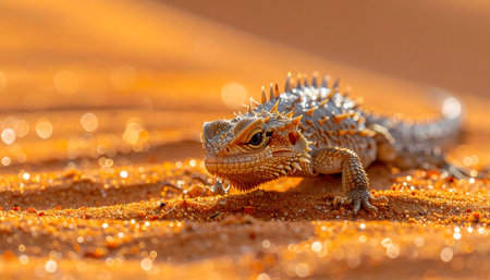 reptile close-up, small lizard sitting on the red sand, with a single dew drop on its mouth.の素材