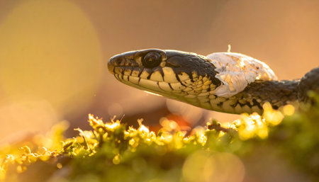 Extreme close-up, macro photograph of a patterned snake in the middle of shedding its skin on mossy ground at sunset.の素材