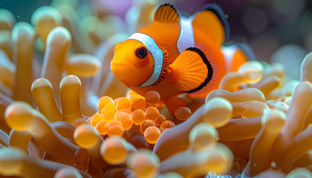 Detail of a clownfish and its nest of eggs, captured underwater with perfect clarity and shallow depth of field.の素材