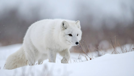 Vulnerable Arctic fox in its natural habitat, capturing its intensity and the texture of its dense winter fur.の素材