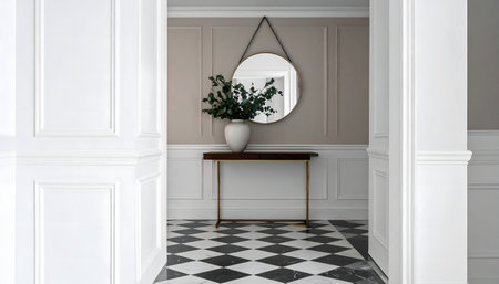 interior of classic room with white walls and black tiled floorの素材