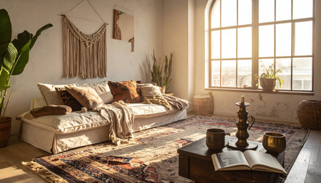 Interior of living room with sofa, coffee table, lamp and bookの素材