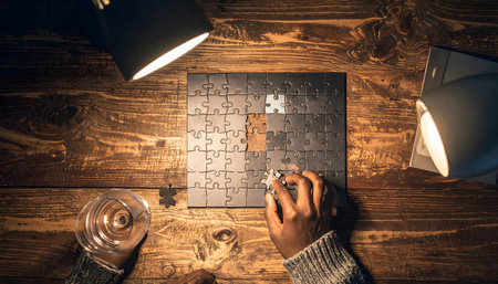 Top view of businesswoman completing puzzle with missing piece on wooden tableの素材