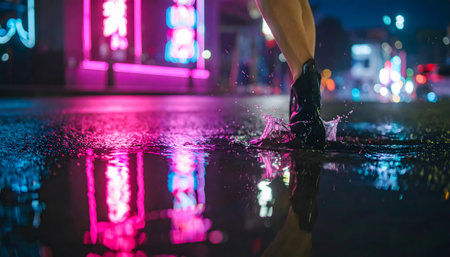 Close-up of legs of a girl running on the wet road at nightの素材