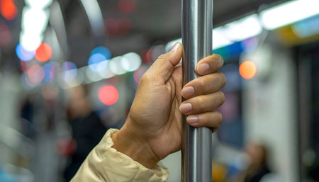 Woman hand holding a steel rail in a subway car, blurred backgroundの素材