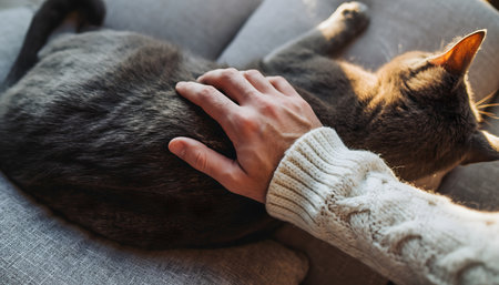 A moment of warm comfort and connection, a hand gently stroking a large, dark tabby cat resting on a gray sofa.の素材