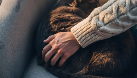 Intimate, soft-focus shot capturing the bond between human and pet, emphasizing warm, natural light and soft textures.の素材