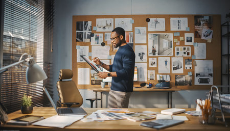 Eye-level, medium shot of a male fashion designer or artist working on a digital screen in a busy, modern home office, sketches everywhere.の素材