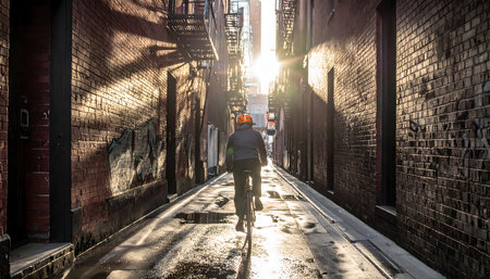 Dynamic street photography of a fast food/package courier against a background of brick walls and sunlight.の素材