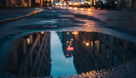 Eye-level, shallow depth of field shot capturing a city street and building reflection in a large puddle at night.の素材