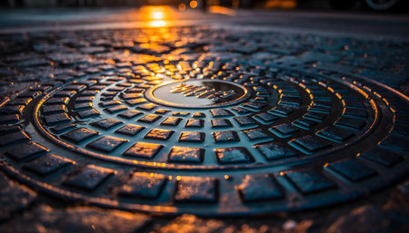 Atmospheric, high-detail photo of a circular metal utility lid wet from rain, set in dark pavement, brilliant golden bokeh background.の素材