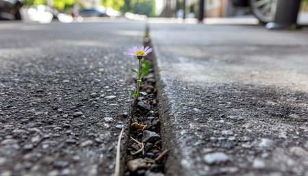 Low-angle, street-level view of a single flower pushing through the urban pavement, close-up with soft background light.の素材