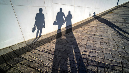 High-contrast, wide-angle street photo focusing on ground-level shadows of commuters on stone pavement in harsh sunlightの素材