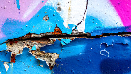 Vibrant texture of street art, showing layers of blue, black, and hot pink spray paint on a concrete wall.の素材