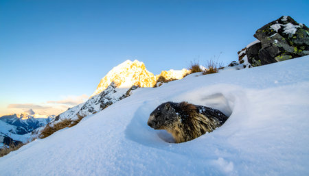 Telephoto shot of an alpine marmot cautiously emerging from its burrow in deep snow with sunlit mountains in backgroundの素材