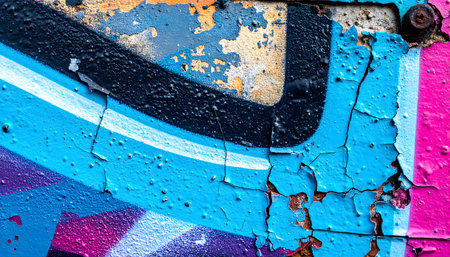 Abstract and graphic image of urban decay, focusing on the rough texture and bubbling, cracked surface of old paint.の素材