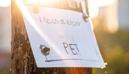 Focus on a weathered flyer, showing rusty staple, worn paper, and the texture of a tree bark background.の素材