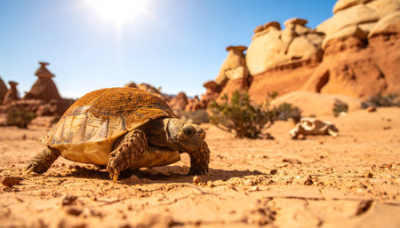 A close-up, natural shot of a wild desert tortoise with a textured shell, captured under a wide open sky.の素材