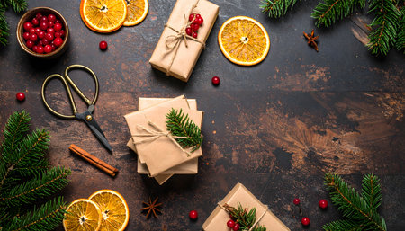Top-down, flat-lay photograph of eco-friendly holiday crafts: dried oranges, cranberries, cinnamon sticks, and evergreen branches.の素材