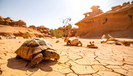 Wildlife photography of an endangered desert tortoise on arid, cracked earth with sparse vegetation and rocky hillsの素材