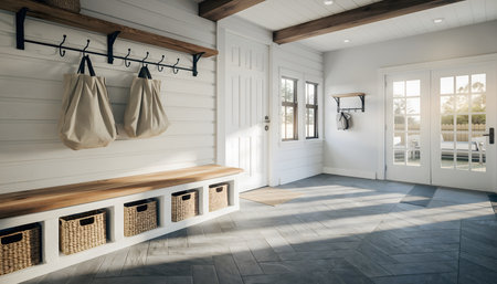 High-resolution shot of custom storage cabinetry with shiplap backing, showcasing organization and functional home design.の素材