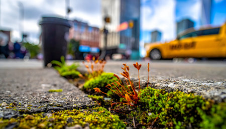 Unique low-angle detail capturing the contrast between tiny urban life and the backdrop of tall buildings and yellow taxi.の素材
