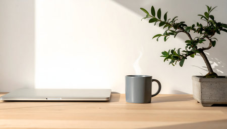 Photorealistic high-angle close-up of a minimalist Japandi style home office desk with a bonsai tree and steaming coffee mug.の素材